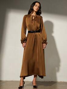 Aveloria Modichic Brown Tie Collar Cinching Waist Midi Dress, Long Sleeve With Belt, Elegant French Retro Style, Suitable For Dates And Afternoon Tea - Brown - View 6