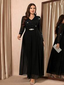 Gownix Curvy Plus-Size Women's Romantic And Elegant Party Jumpsuit, Black V-Neck With Sheer, Shimmering Silver-Stamped Mesh, Lantern Sleeves, Fitted Waist, Cape Style, Long Length, Made Of High-Quality, High-Elasticity Knit Fabric,Formal Jumpsuits For Women, New Year Women's Clothes , New Year Look , Elegant Dresses For Party , Curvy Party Dresses,Going Out ,Graduation Dress For Women ,Long Graduation Dress , Elegant Long Ball Gown , Prom Dresses For Women , Formal Ball Gowns For Women , Prom Dress Plus Size,Sparkly Dress ,Sequin Dress,Night Out,Date Night Outfits Women,Mother Of The Bride Dresses For Wedding,Formal Dresses For Women ,Luxury Dress,Chic Evening Dress ,Black Formal Dress For Women/Winter,Christmas And New Year,Party,2025 New,Elegant Party Dress,Women's Formal Wear ,Christmas,New Year,Hanksgiving Outfit For Women,Elegant Dresses For Women, Stylish Clothing Collection Valentine's Day Outfit - Black - View 6