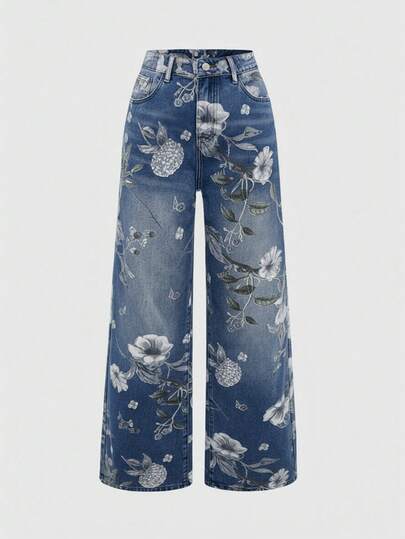 Fairycore Vintage Blume Muster Washed weite Schlupfhose für Frauen