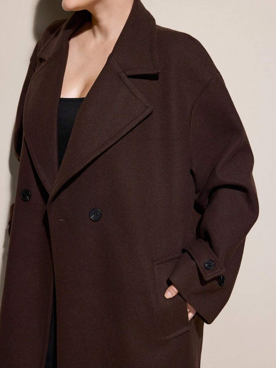 Aveloria Modichic Plus Size Women Solid Color Pocket Decor Soft Woolen Coat - Coffee Brown - View 1