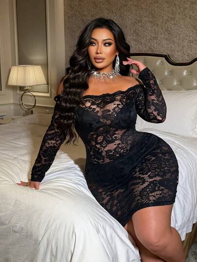 NU&NOW Plus Size Lace Sexy Sheer Floral Splice Off-Shoulder Long Sleeve DressValentine's Day