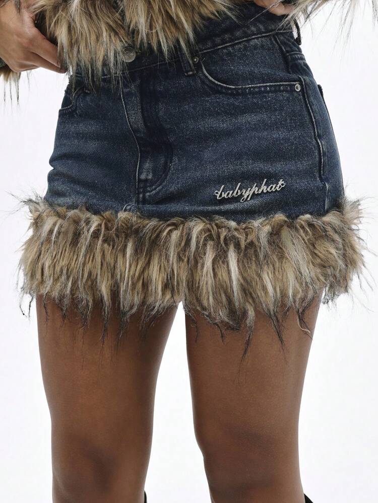 BABYPHAT 인조 모피 트림 장식 프린지 디테일 하이 웨이스트 짧은 길이 겨울 가을 패션 스테이트먼트 피스가 있는 데님 미니 스커트