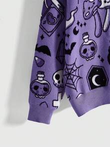 ROMWE Kawaii Women Ghost, Pumpkin & Bat Pattern Sweater - Purple - View 4