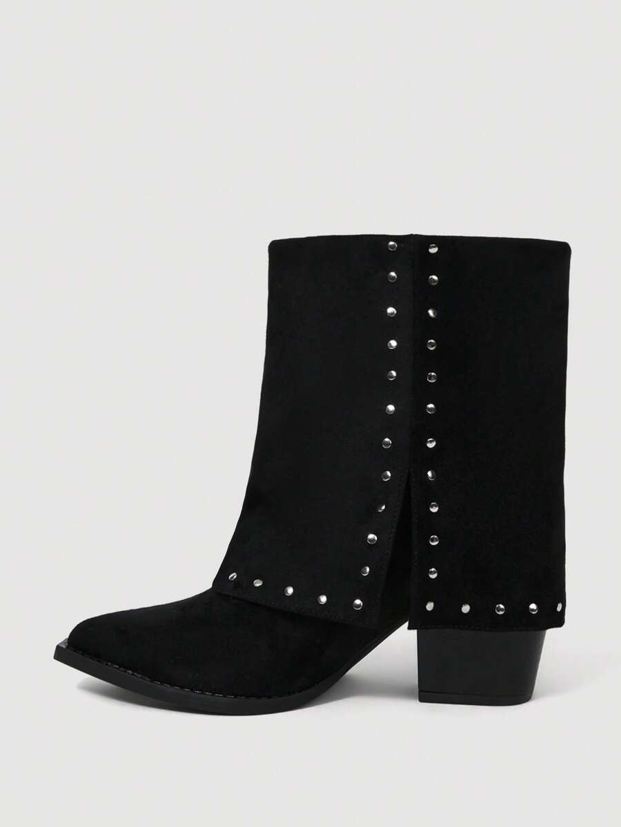 SheIn MOD 女士尖头铆钉设计时尚日常百搭高跟踝靴 - 黑色 - 查看 1