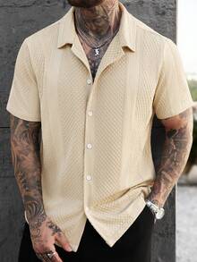 Manfinity Homme Men's Solid Color Jacquard Knit Short Sleeve Shirt - Apricot - View 5
