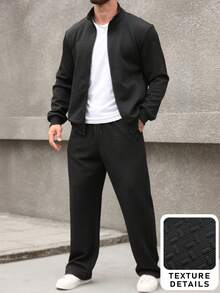 Manfinity Homme 男士黑色几何纹理拉链开衫外套，冬季款 - 黑色 - 查看 4