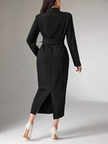 Heiryn 女士优雅纯色收腰中长连衣裙，适合通勤。 - 黑色 - 查看 2