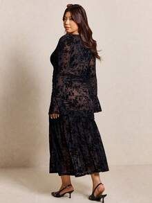 Elaquor Plus Size Elegant Ruched Waist Fitted Maxi Black Dress For Women,Velvety Fabric Keyhole Neckline,Autumn Formal Evening Wedding Party Modest Dresses - Black - View 2