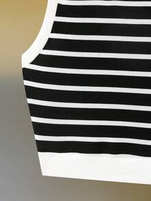 Chiquease 法式优雅黑白条纹针织仿吊带背心；女士度假装、休闲上衣、夏季吊带背心、外出上衣、优雅上衣。露脐上衣、可爱露脐上衣、女士上衣、条纹露脐上衣、连衣裙上衣 - 黑與白 - 查看 5