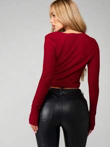 MISSGUIDED Parte superior acanalada asimétrica de hombros descubiertos de manga larga con costillas para invierno y otoño - Rojo - Ver 2