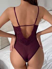 DAZY Sheer Lace Contrast Mesh Backless Bodysuit For Women - Red Violet - View 2