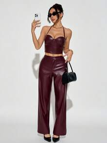 SHEIN PETITE ICON Y2K 女装纯色露背上衣和休闲酒红色长裤套装,适合夏季派对和新年穿着,性感女士两件套,适合夜店穿着。 - 酒紅色 - 查看 7