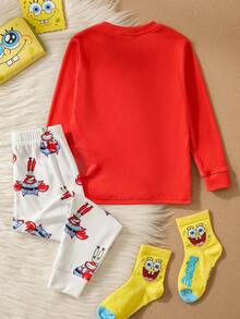 SpongeBob SquarePants | SHEIN Conjunto de pijama de otoño/invierno con top de manga larga de cuello redondo y pantalones, de punto con estampado de dibujos animados para niño pequeño - Rojo y blanco - Ver 2
