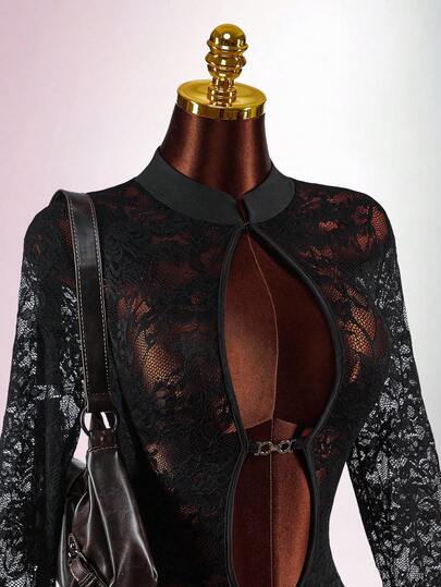 Amplova Women's Lace Bodysuit, Sexy Sheer Cutout Long Sleeve Jumpsuit, Suitable For Parties And New Year
