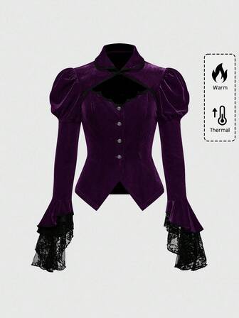 Goth Chaqueta de terciopelo con encaje, cuello de murciélago, colgante de cruz, estilo gótico oscuro para Halloween
