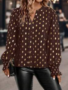Auvina Plus Size Women's Foil Polka Dot Pattern V-Neck Long Sleeve Fashionable Blouse - Coffee Brown - View 4