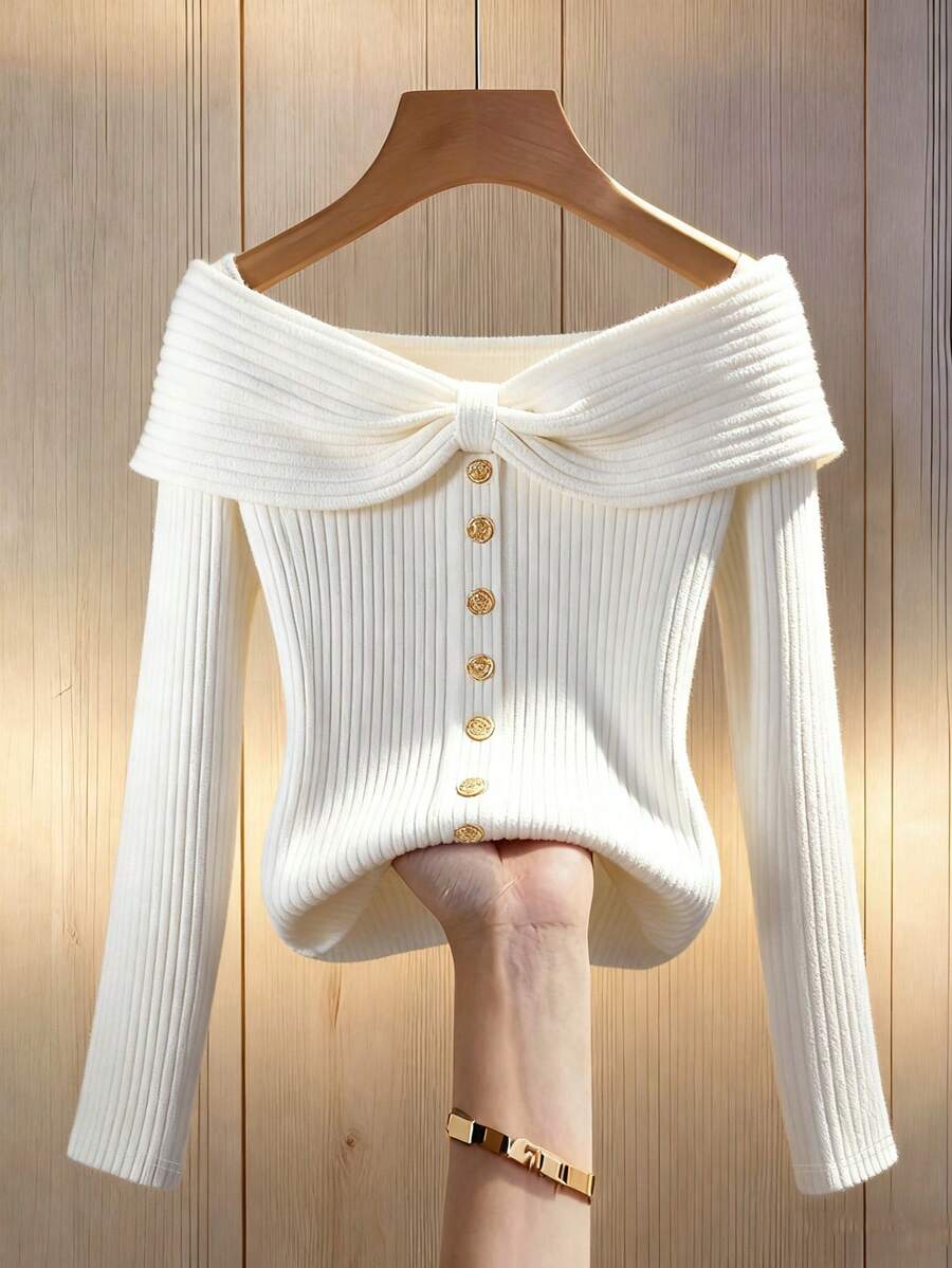 女士春秋季纯色杏色针织弹力镂空条纹翻领蝴蝶结纽扣装饰长袖单排领T恤，白色翻领镂空条纹长袖T恤，单排扣装饰T恤，可外穿打底，日常百搭，法式优雅，杏色上衣，秋冬季 - 白色 - 查看 1
