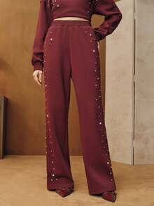 Anewsta Celana Jogging Longgar Berbahan Termal dengan Hiasan Rhinestone, Lapisan Dalam, Warna Merah Burgundy, Kaki Lebar, Modis, Cocok untuk Festival, Musim Semi, Payet, Chic, Kasual - Burgundy - View 6