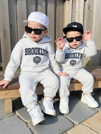 2pcs/Set Baby Boy Cute Versatile Letter Graphic Hoodie + Jogger Pants Tracksuit Set, Unisex Baby Clothes, Autumn/Winter Baby Boy Sweatsuit Baby Sportswear Baby Sweat Suit