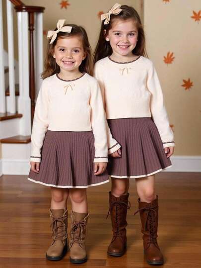 Elladie kids 2-Piece/Set Girls' Casual Long Sleeved Sweater Top And Skirt Set, Fashionable Winter Outfit