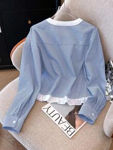 Franclia 条纹撞色休闲通勤简约风女式上衣 - 藍白色 - 查看 2