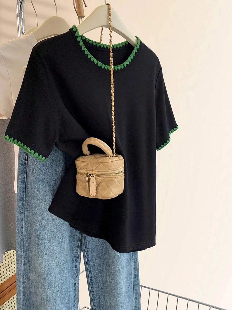 Resyla Casual Contrast Color Trim Short Sleeve T-Shirt, Versatile For Summer - Black - View 1