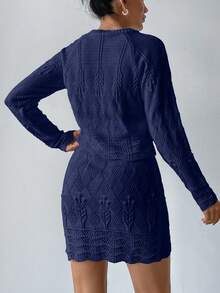 EURMUSE Elegant Texture Knit Hollow Out Sweater & Sweater Skirt Co-Ords 2 Pieces Set - Navy Blue - View 6