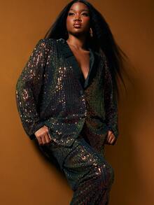 NYA SZN 配套套装（西装外套和长裤）纽扣前开襟亮片西装外套，宽松长裤，中性色调，适合特殊场合、办公室、商务休闲、假日、圣诞派对、节日、新年夜、新年除夕、简约休闲早午餐、日常、秋冬春季女装 - 黑色 - 查看 7