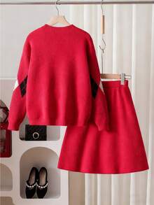 Sparklyn Set de 2 piezas Conjunto de suéter rojo para niñas preadolescentes para otoño/invierno, suéter de cuello redondo súper de moda para fiesta de Navidad, combinado con una falda mini versátil - Rojo - Ver 2