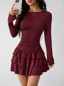 SHEIN PETITE Đầm dài tay màu đen viền bèo nhún thanh lịch dành cho nữ - Màu Đỏ Sâu - Xem 5