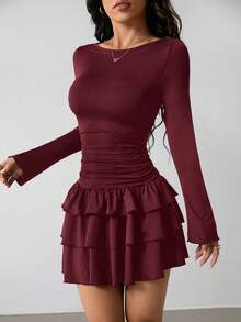 SHEIN PETITE Đầm dài tay màu đen viền bèo nhún thanh lịch dành cho nữ - Màu Đỏ Sâu - Xem 7