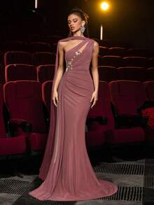 Glamrae Elegant Brown High-Stretch Mesh Asymmetric Shoulder Maxi Dress,Metal 3D Floral Decor,Front Ruching,Draped Flounce,Mermaid Hem Formal Gown For Weddings - Dusty Pink - View 7