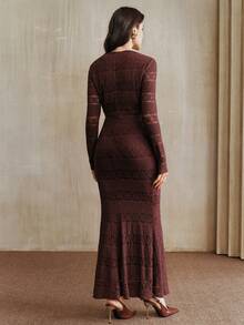 Anewsta Women's Elegant Purple Round Neck Ruffle Waist Hollow Mermaid Hem Dress, Suitable For Elegant Party, Thanksgiving, New Year - Purple - View 2