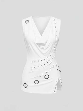 Grunge Punk Top ajustado de mujer con cuello drapeado, diseño de ojetes metálicos vintage punk y abertura en el bajo