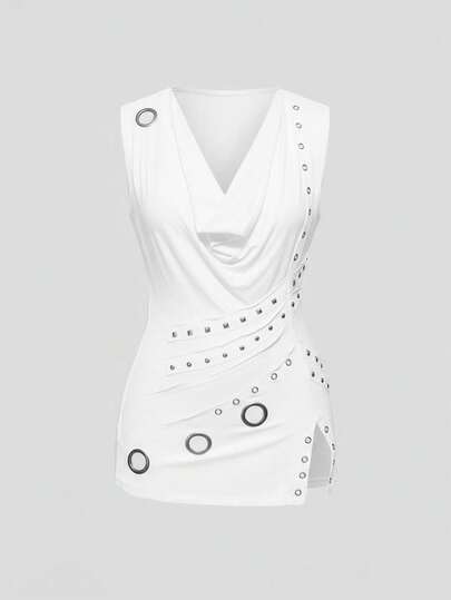 Grunge Punk Top aderente da donna con scollo drappeggiato, fessura all'orlo e design vintage punk con borchie in metallo