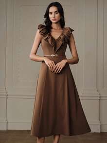 Chiquease Váy chữ A không tay cổ chữ V nhún bèo thu/đông, thiết kế tối giản, thắt eo, thanh lịch và đa năng - Cà phê - Xem 6