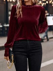 SHEIN LUNE 女士纯色荷叶边圆领长袖时尚衬衫 - 玫紅色 - 查看 5