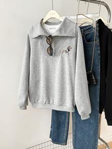 Lyxana Women's Gray Turndown Collar Half Zip Pullover Sweatshirt, New Casual Fleece Jacket - Light Grey - View 5