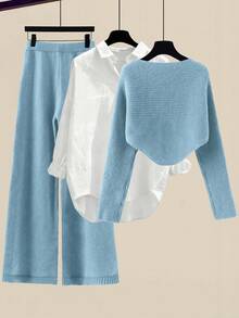 GlowEve Women's Solid Color Asymmetric Hem Sweater And Wide Leg Pants Casual 2 Pieces Set, Autumn/Winter - Teal Blue - View 2