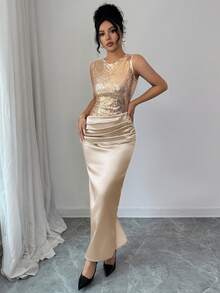 Siren Gaze Robe sans manches pour femmes avec décoration de sequins, robe d'hiver à la mode pour femmes, robe de Noël avec sequins, robe dorée à sequins, robe scintillante, robe brillante, robe pailletée, robe pour le Nouvel An, robe de soirée - Champagne - Voir 4