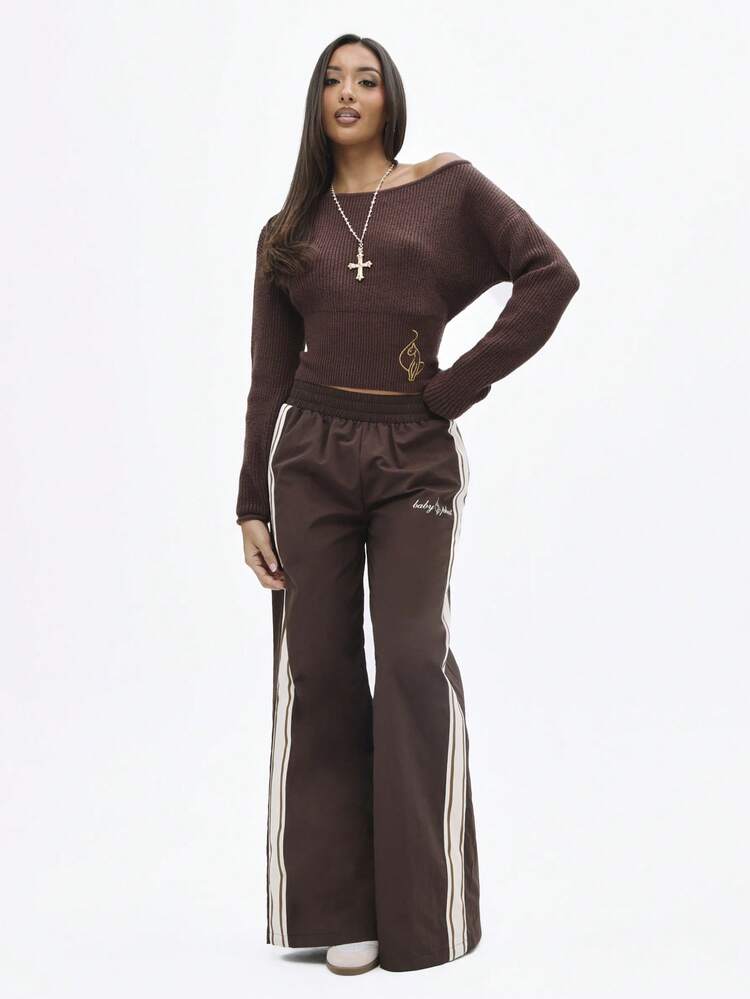 BABYPHAT Asymmetrical Shoulder Ribbed Knit Sweater With Logo Embroidery Long Sleeve Fall Winter Casual Top