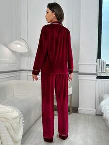 LuxeNights Contrast Trim Patch Pocket Long Sleeve Top & Pants Fluffy Pajama Set, Velvet Lounge Set, Fall Winter Clothes, Cozy
