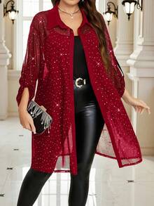 Gownix Áo cánh lưới mỏng sequin gợi cảm và thanh lịch cỡ lớn cho tiệc tùng, hộp đêm - Màu Đỏ Sâu - Xem 5