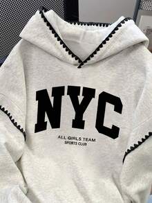 SHEIN Áo nỉ nữ/Áo in họa tiết chữ/Áo nỉ đơn giản và thời trang thường ngày/Áo thời trang/Áo nỉ vui nhộn/Áo nỉ dài tay cổ tròn rộng rãi phù hợp cho mùa thu đông/Áo chui đầu mùa xuân dành cho nữ, Áo nỉ có mũ trùm đầu ren tương phản dành cho nữ, Áo dài tay, Áo hoodie thu đông trở lại trường - Xám - Xem 3