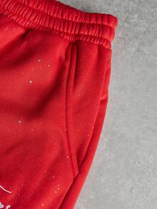 PAVTROS 男士街头复古风运动裤，弹力腰带抽绳针织慢跑裤，抓绒面料，亮片面料和图案，星空图案，复古手写字母图案，秋冬街头服饰，嘻哈风，送给男友的礼物，男士星空印花运动裤。街头服饰，朋友，情侣装，宽松版型，男士，印花，日系风格，男女皆宜，我爱我的女朋友 - 紅色 - 查看 5