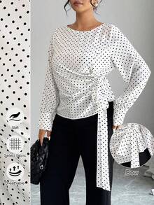 Elenzga Ladies'Plus-Size Black Polka Dot White Blouse,Long Sleeves,Tied Waist,,Elegant,Formal,Black And White,Summer,Office,Wedding,New Year,Christmas - Black and White - View 1