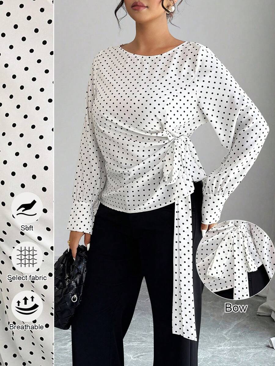 Elenzga Ladies'Plus-Size Black Polka Dot White Blouse,Long Sleeves,Tied Waist,,Elegant,Formal,Black And White,Summer,Office,Wedding,New Year,Christmas - Black and White - View 1