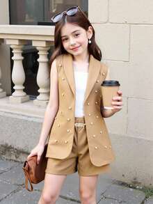 SHEIN Elladie kids 3件套少女粉色西装外套、吊带背心和珍珠短裤套装，休闲优雅夏季装扮 - 卡其色 - 查看 1