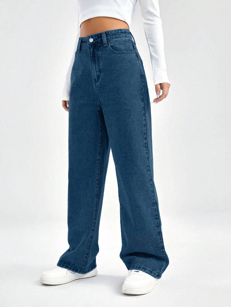 100%Cotton High Waist Wide Leg Jeans - Blue - View 3