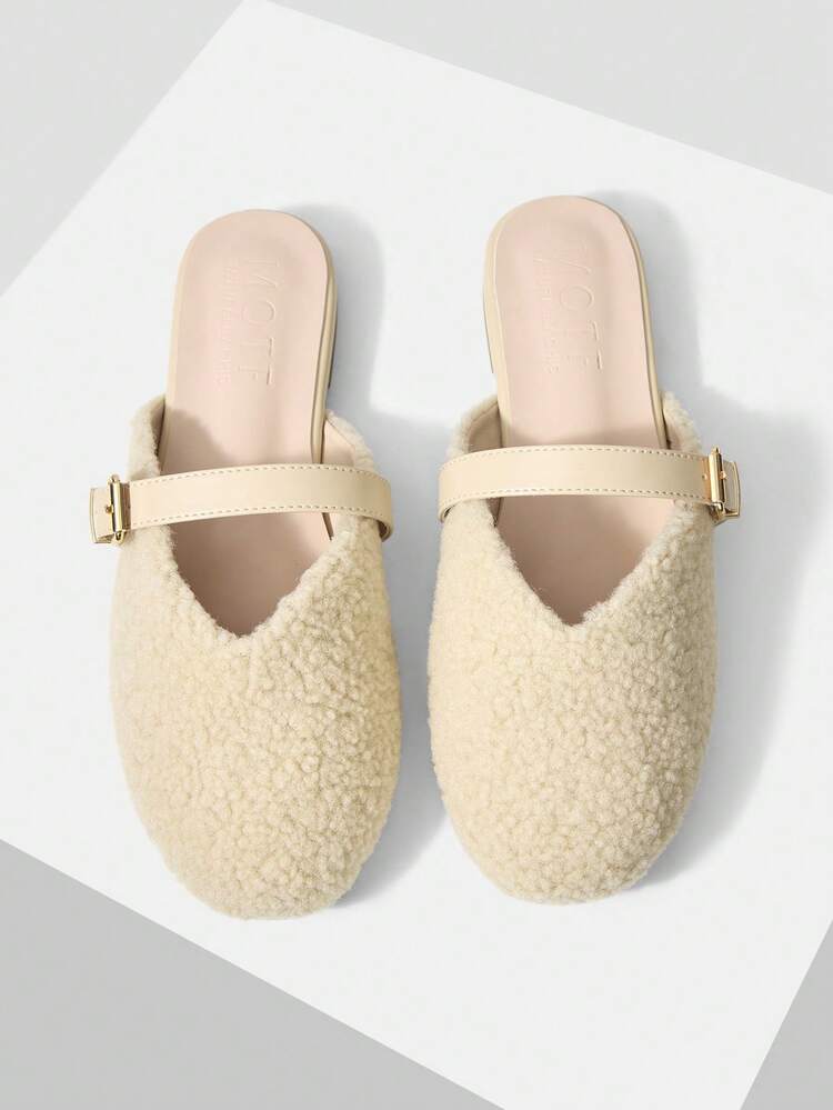 WOMEN'S FLAT ROUND TOE BEIGE FAUX FUR MULE SHOES, MINIMALIST & ELEGANT